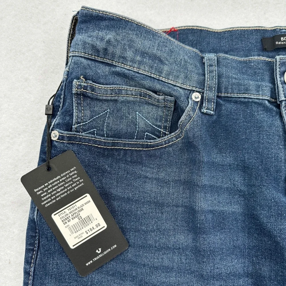 True Religion Bobby Applique Relaxed Baggy Jeans Medium Blaze Wash 33X32 NWT New